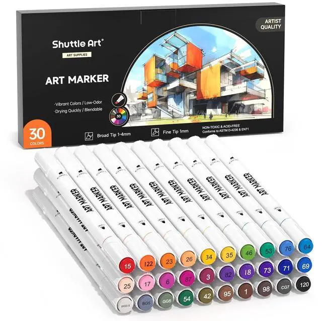 Main image of 30 Colors Dual Tip Art Markers Permanent Marker Pens Highlighters Perfect for Illustration Adult Coloring Sketching and Card Making