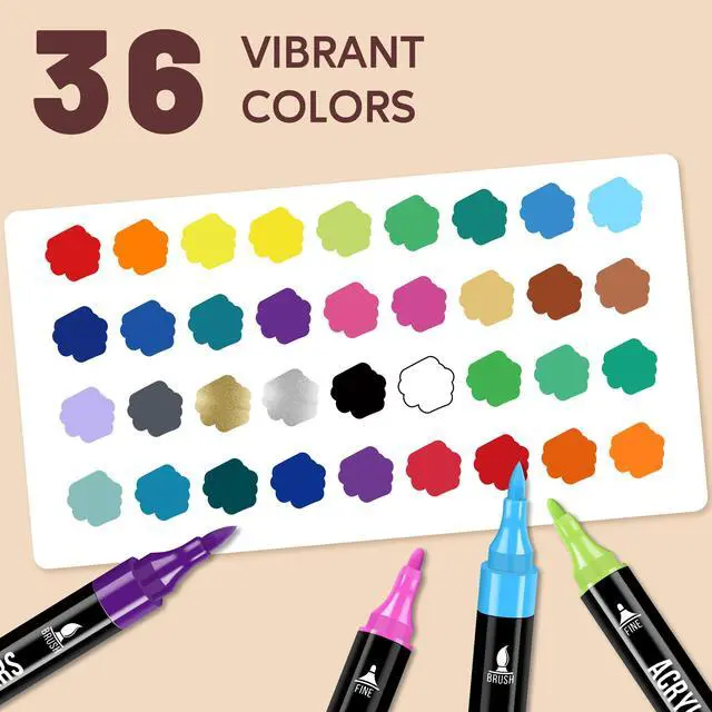 Alt view image 3 of 7 - Acrylic Paint Markers, 36 Colors Dual Tip Fine & Brush Pens Set