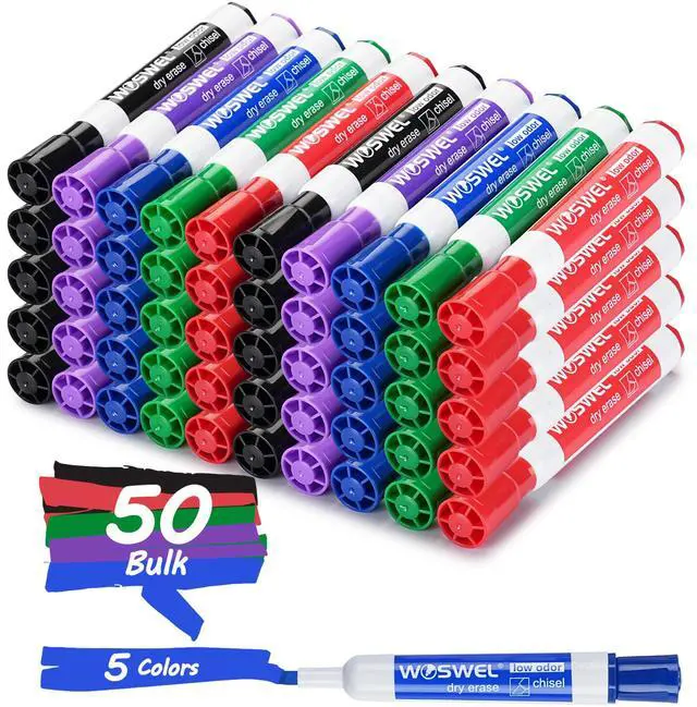 Main image of Dry Erase Markers, Chisel Tip Whiteboard Markers, Low Odor Thick Dry Markers, 50 Bulk 5 Assorted Colors (Black/Blue/Red/Green/Purple) for Teachers, Classroom, Office & Home Use