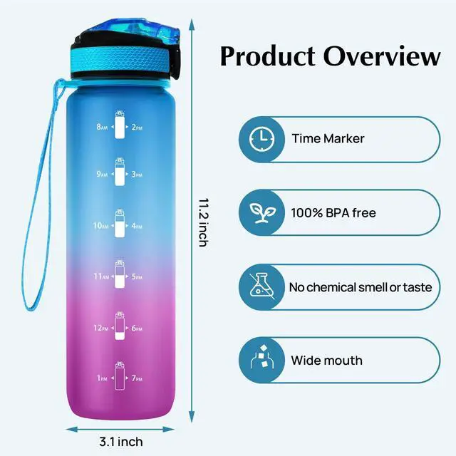 Alt view image 2 of 7 - 32oz Water Bottle with Straw, Time Marker,Blue Purple Gradient