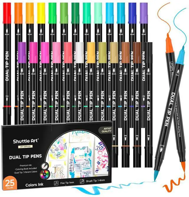 Main image of Dual Tip Brush Marker Pens, 25 Colors Water-based Ink, Fine and Brush Tip Marker Set with 1 Coloring Book for Kids Adult Artist Calligraphy Hand Lettering Journal Doodling Writing