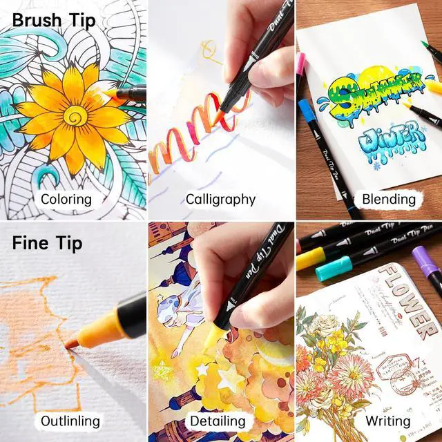 Alt view image 5 of 7 - Dual Tip Brush Marker Pens, 25 Colors Water-based Ink, Fine and Brush Tip Marker Set with 1 Coloring Book for Kids Adult Artist Calligraphy Hand Lettering Journal Doodling Writing