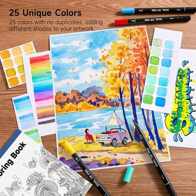Alt view image 4 of 7 - Dual Tip Brush Marker Pens, 25 Colors Water-based Ink, Fine and Brush Tip Marker Set with 1 Coloring Book for Kids Adult Artist Calligraphy Hand Lettering Journal Doodling Writing