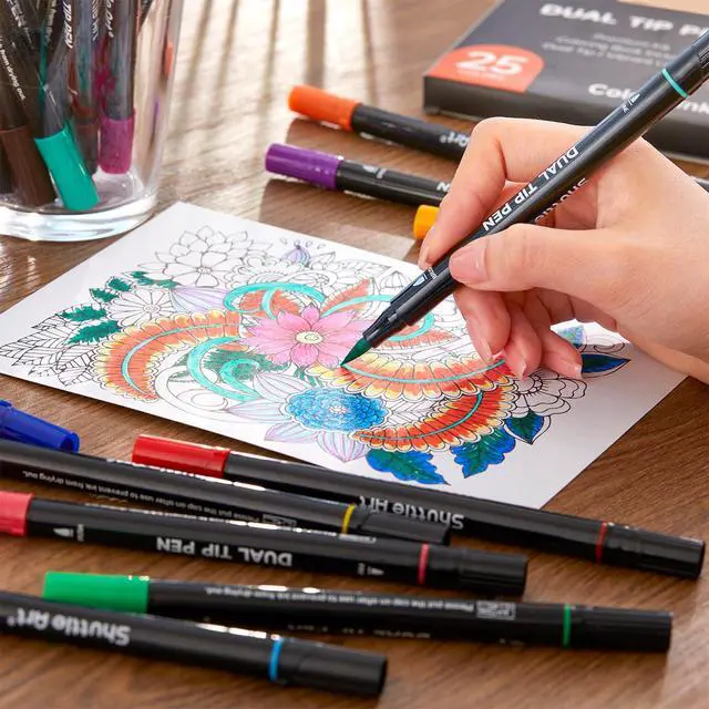 Alt view image 7 of 7 - Dual Tip Brush Marker Pens, 25 Colors Water-based Ink, Fine and Brush Tip Marker Set with 1 Coloring Book for Kids Adult Artist Calligraphy Hand Lettering Journal Doodling Writing