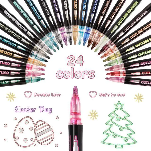 Alt view image 2 of 7 - 24 Colors Outline Glitter Markers Set, Shimmer Pens Set, Teen Girl Gifts