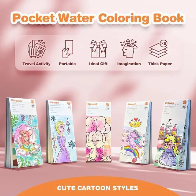 Alt view image 2 of 7 - Paint with Water Coloring Books for Kids, Pocket Mess Free Watercolor Painting Sets for Toddlers, Art and Craft Drawing Activities Gifts for Kids Ages 4 5 6 7 8+, Travel Activity Toys - Princess