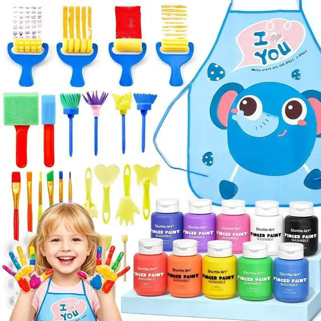 Main image of Washable Finger Paint Set, 37 PCS with 10 Colors (2 fl oz) Non-Toxic Toddler Paint, Paint Brushes, Sponge, Smock, Toddler Art Supplies
