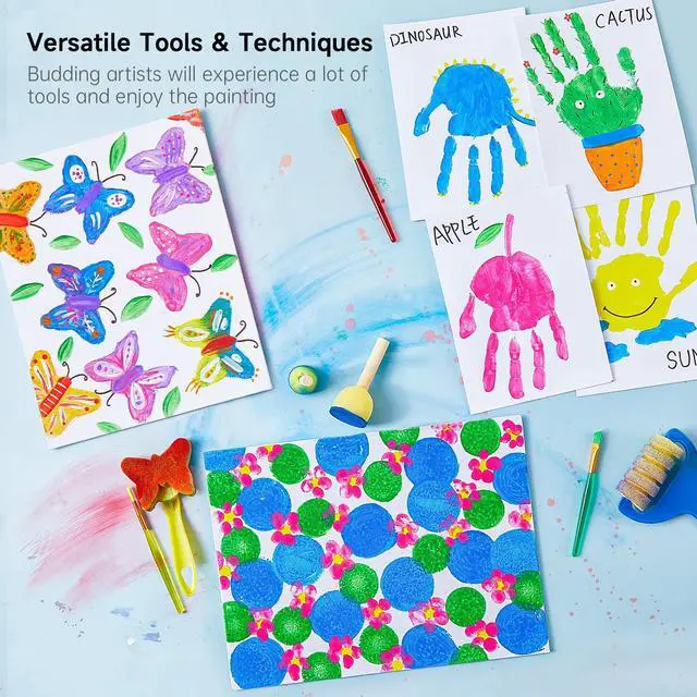 Alt view image 4 of 7 - Washable Finger Paint Set, 37 PCS with 10 Colors (2 fl oz) Non-Toxic Toddler Paint, Paint Brushes, Sponge, Smock, Toddler Art Supplies