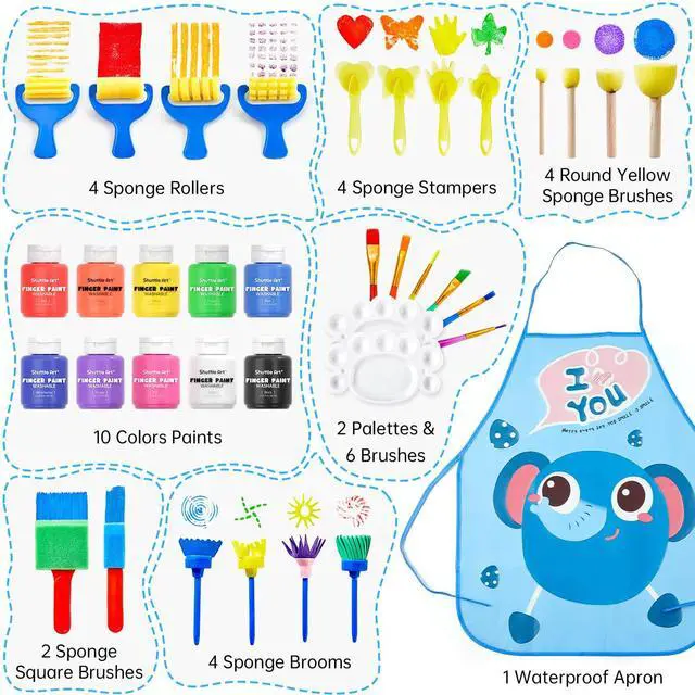 Alt view image 2 of 7 - Washable Finger Paint Set, 37 PCS with 10 Colors (2 fl oz) Non-Toxic Toddler Paint, Paint Brushes, Sponge, Smock, Toddler Art Supplies