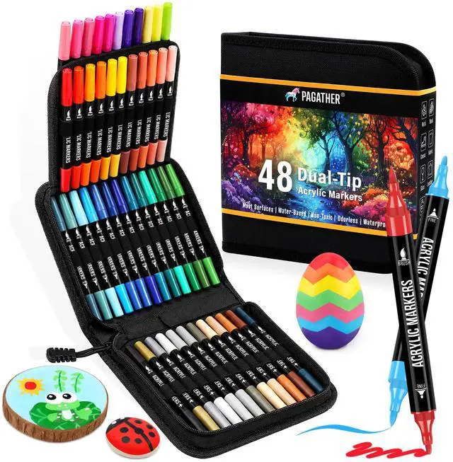 Main image of Acrylic Paint Markers, 48 Colors Dual Tip Fine & Brush Pens Set