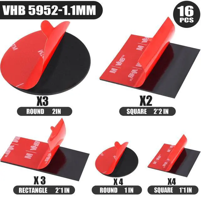 Alt view image 2 of 7 - 16Pack Heavy Duty Double Sided Mounting Tape VHB 5952 Foam Tape, 1 Inch & 2 Inch, Square Rectangle & Round Shapes, Waterproof, Heat Resistant, for Car & Home Decor