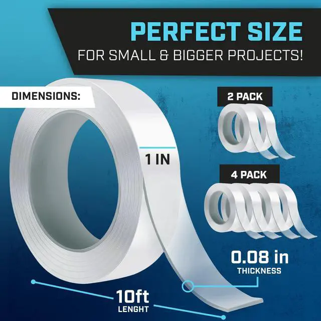 Alt view image 2 of 7 - Nano Tape Double Sided Tape Heavy Duty Hanging - 4 Pack - 1 in x 10 Ft Each - Magic Clear Adhesive Perfect for Walls, Wood, Tile, Plastic, Pictures & Metal Surfaces - Strong Grip