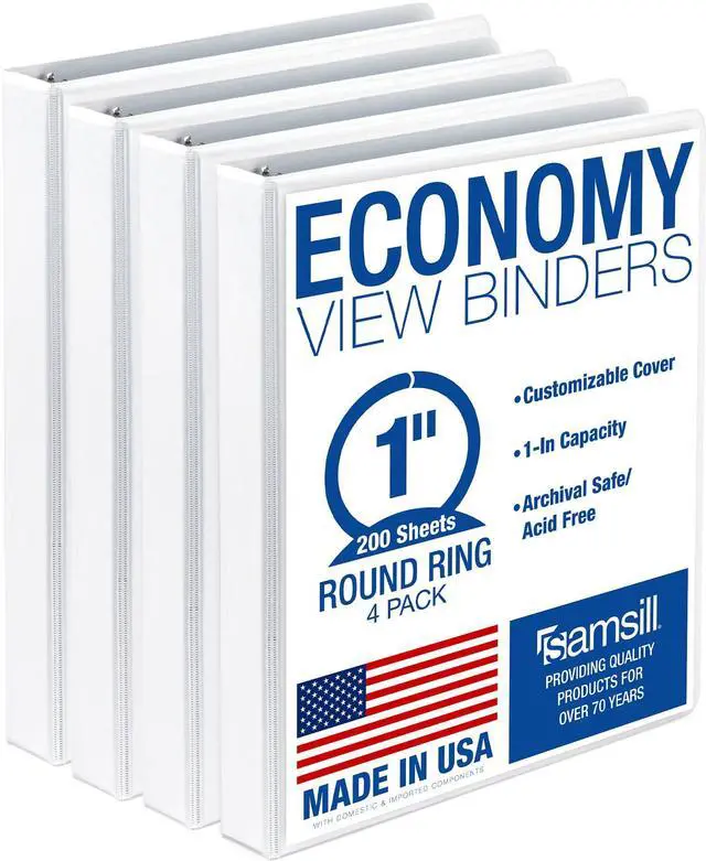 Main image of 1 Inch 3 Ring Binders, Economy Round Ring, Clear View Cover, 200 Sheet Capacity - for School, Home, Office - White, 4 Pack