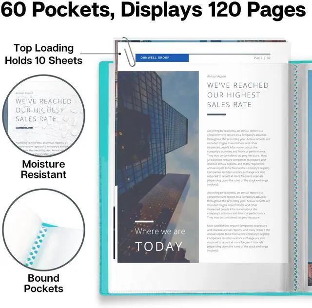 Alt view image 3 of 7 - Presentation Binder 60-Pocket, Displays 120 Pages, 8.5x11 Portfolio Binder with Plastic Sleeves, Storage and Organizer for Documents, Photos, Kids Artwork, Projects, Recipes (Aqua)