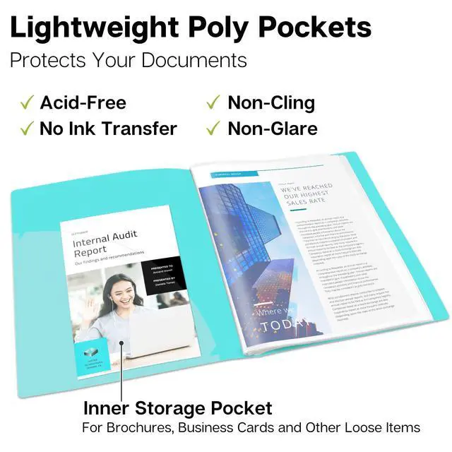 Alt view image 4 of 7 - Presentation Binder 60-Pocket, Displays 120 Pages, 8.5x11 Portfolio Binder with Plastic Sleeves, Storage and Organizer for Documents, Photos, Kids Artwork, Projects, Recipes (Aqua)