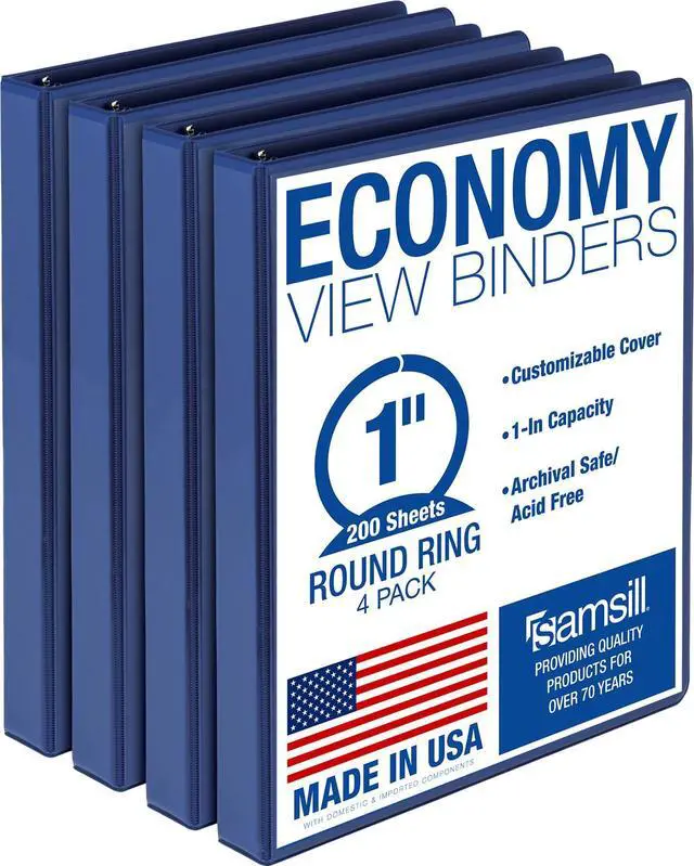 Main image of 1 Inch 3 Ring Binders, Economy Round Ring, Clear View Cover, 200 Sheet Capacity - for School, Home, Office - Blue, 4 Pack