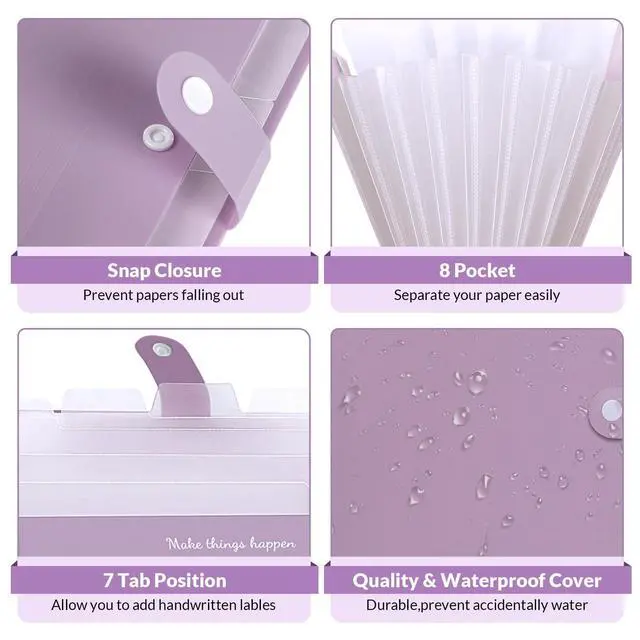 Alt view image 3 of 7 - File Folder with Labels, Accordion File Organizer with 8 Pockets, Portable Document Organizer, A4 Letter Size, Paper Organizer for Office, Purple