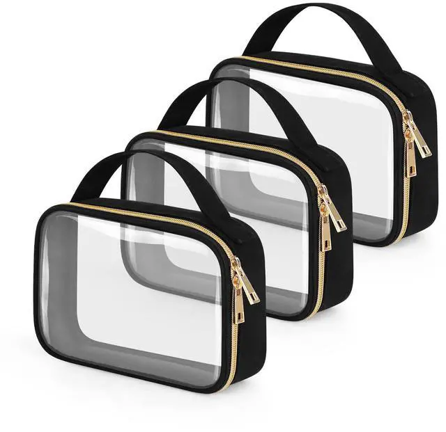 Main image of TSA Approved Toiletry Bag, 3 Pack Clear Makeup Bags with Handles, Quart Size Clear Toiletry Bags, PVC Cosmetic Bags for Women and Men, Carry on Airport Airline Compliant Bag, Black