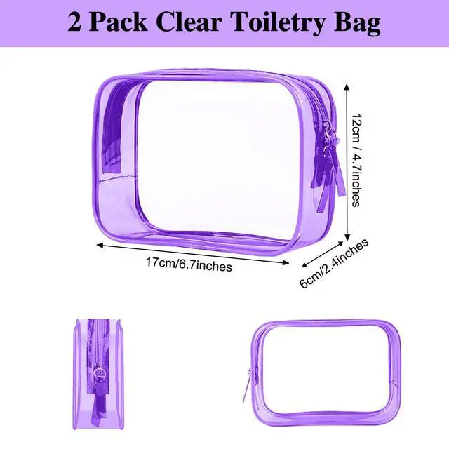Alt view image 2 of 6 - 2 Pack Clear Travel Toiletry Bag, TSA Approved Toiletry Bag Clear Makeup Bag Quart Size Portable Cosmetic Bags Carry on Travel Accessories Bag for Women Men - Purple