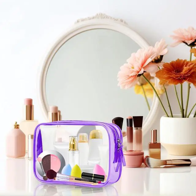 Alt view image 5 of 6 - 2 Pack Clear Travel Toiletry Bag, TSA Approved Toiletry Bag Clear Makeup Bag Quart Size Portable Cosmetic Bags Carry on Travel Accessories Bag for Women Men - Purple