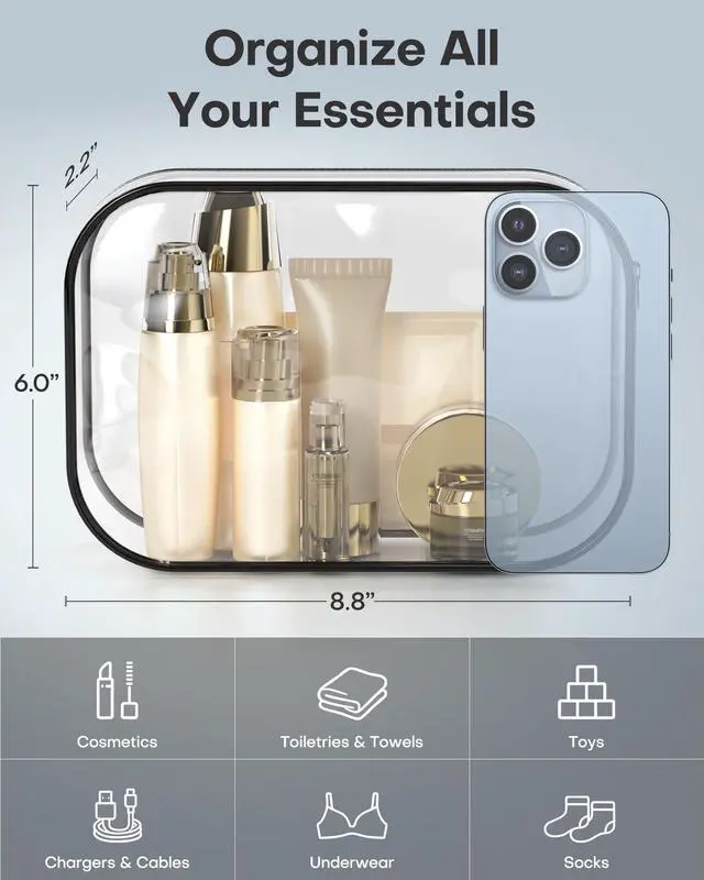 Alt view image 2 of 2 - Clear Toiletry Bag for Men & Women - TSA Approved Travel Essentials, Waterproof PVC Zippered Makeup Bag for Gym, Airplane & Daily Use, 8.8" x 6.0" x 2.2", 3 Packs