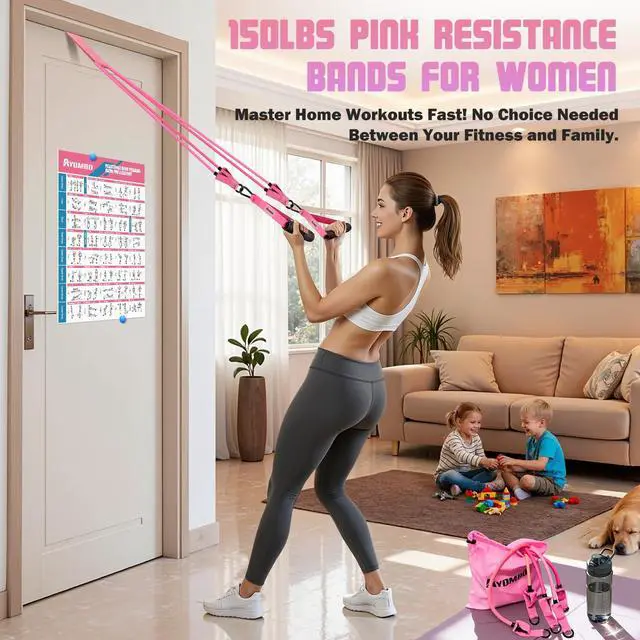 Alt view image 2 of 7 - Resistance Bands, Exercise Bands with Handles for Working Out, Fitness Bands for Women, Workout Equipment Home Gym, Training Bands with Door Anchor, Ankle Straps, Shape Body, Physical Therapy