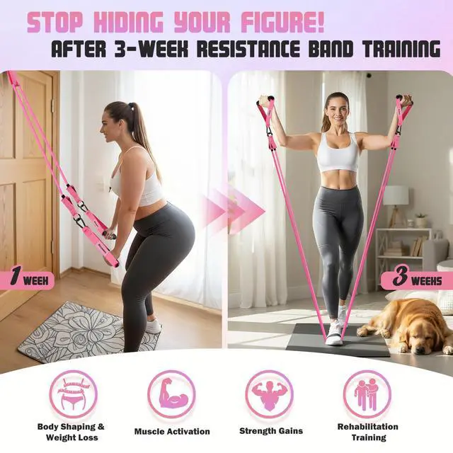 Alt view image 3 of 7 - Resistance Bands, Exercise Bands with Handles for Working Out, Fitness Bands for Women, Workout Equipment Home Gym, Training Bands with Door Anchor, Ankle Straps, Shape Body, Physical Therapy