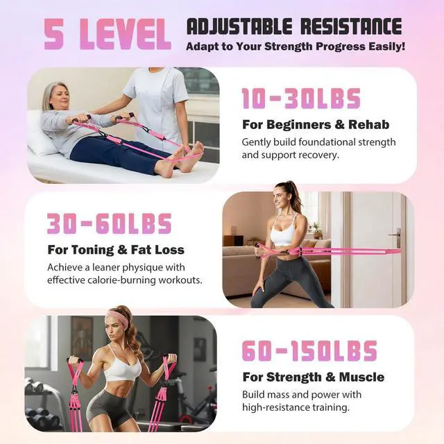 Alt view image 4 of 7 - Resistance Bands, Exercise Bands with Handles for Working Out, Fitness Bands for Women, Workout Equipment Home Gym, Training Bands with Door Anchor, Ankle Straps, Shape Body, Physical Therapy