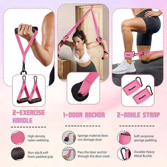 Alt view image 5 of 7 - Resistance Bands, Exercise Bands with Handles for Working Out, Fitness Bands for Women, Workout Equipment Home Gym, Training Bands with Door Anchor, Ankle Straps, Shape Body, Physical Therapy