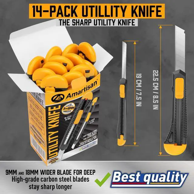 Alt view image 4 of 7 - 14-Piece Retractable Box Cutter, Utility Knifes for Boxes, Cartons, Cardboard Cutting, 18mm & 9mm Wide Blade Cutter, Very Suitable for Office and Home Use.