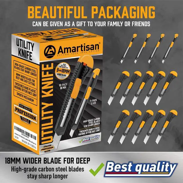 Alt view image 5 of 7 - 14-Piece Retractable Box Cutter, Utility Knifes for Boxes, Cartons, Cardboard Cutting, 18mm & 9mm Wide Blade Cutter, Very Suitable for Office and Home Use.