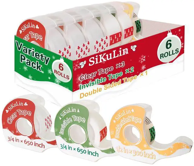Main image of Tape,Gift Wrapping Tape, 6 Rolls with Dispensers, Includes Invisible, Double-Sided and Clear Tape for Wrapping Paper, Back to School, Home, Office, Christmas, Holiday