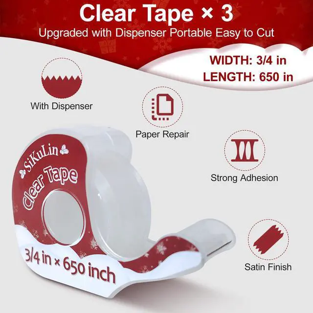 Alt view image 2 of 7 - Tape,Gift Wrapping Tape, 6 Rolls with Dispensers, Includes Invisible, Double-Sided and Clear Tape for Wrapping Paper, Back to School, Home, Office, Christmas, Holiday