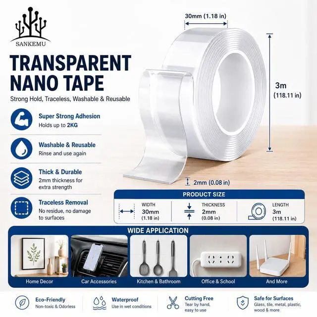 Alt view image 2 of 7 - Double-Sided Tape Heavy Duty 9.84 FT x 1.18 in Clear Removable Mounting Tape for Walls, Carpet, Rugs, Posters Reusable, No-Residue, Indoor/Outdoor Nano Gel Grip