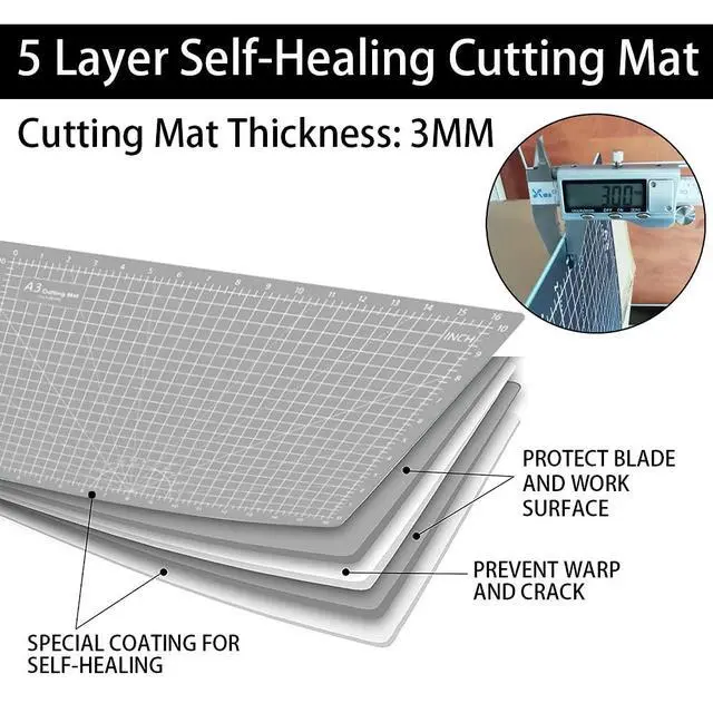 Alt view image 3 of 7 - 18"x12" Thickened Self Healing Cutting Mat, A3 Rotary Cutting Sewing Mat for Crafts, Double Sided 5-Ply Table Cutting Board for Fabric Quilting Leather Hobby Project, Grey/Black