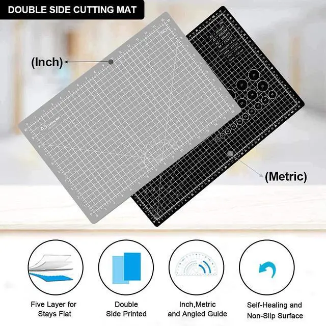 Alt view image 4 of 7 - 18"x12" Thickened Self Healing Cutting Mat, A3 Rotary Cutting Sewing Mat for Crafts, Double Sided 5-Ply Table Cutting Board for Fabric Quilting Leather Hobby Project, Grey/Black