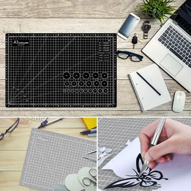 Alt view image 5 of 7 - 18"x12" Thickened Self Healing Cutting Mat, A3 Rotary Cutting Sewing Mat for Crafts, Double Sided 5-Ply Table Cutting Board for Fabric Quilting Leather Hobby Project, Grey/Black