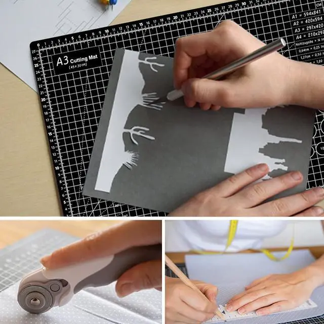 Alt view image 6 of 7 - 18"x12" Thickened Self Healing Cutting Mat, A3 Rotary Cutting Sewing Mat for Crafts, Double Sided 5-Ply Table Cutting Board for Fabric Quilting Leather Hobby Project, Grey/Black