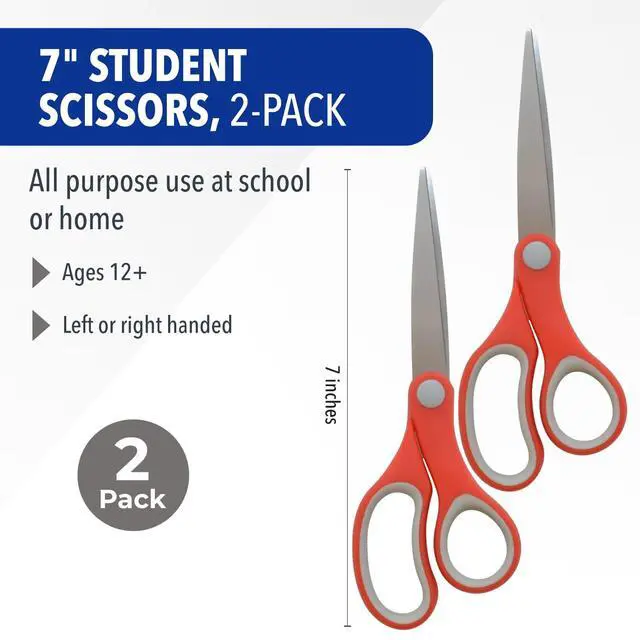Alt view image 2 of 6 - School Scissors for Kids Ages 12 and Up - Back to School Essentials and Classroom Supplies - 7-Inch Pointed Student Scissors - for Right- or Left-Handed Use - Red/Gray - 2 Pack