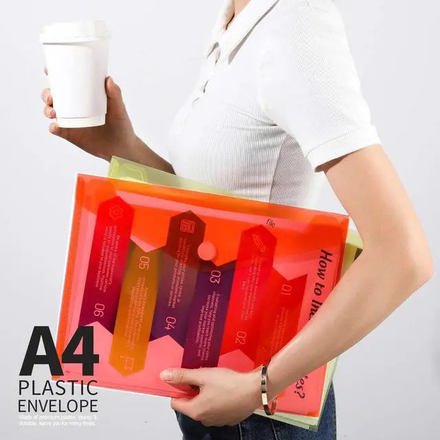 Alt view image 6 of 7 - Plastic File Folders for Documents, 6 PCS Plastic Envelopes, Reusable Clear File Folders File Bags Document Holder, A4 Size