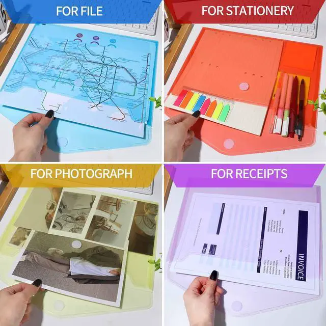 Alt view image 7 of 7 - Plastic File Folders for Documents, 6 PCS Plastic Envelopes, Reusable Clear File Folders File Bags Document Holder, A4 Size