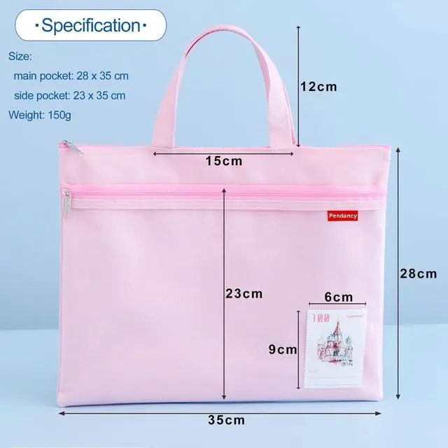 Alt view image 3 of 7 - Mesh Zipper Pouch 11x13.7 in, Large Double Pocket Waterproof File Bag with Handle, A4 Size Foldable Document Storage for Puzzle Project/Cross Stitch/Travel/OfficePink