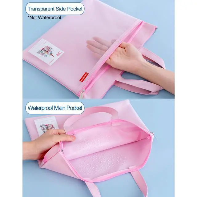 Alt view image 4 of 7 - Mesh Zipper Pouch 11x13.7 in, Large Double Pocket Waterproof File Bag with Handle, A4 Size Foldable Document Storage for Puzzle Project/Cross Stitch/Travel/OfficePink