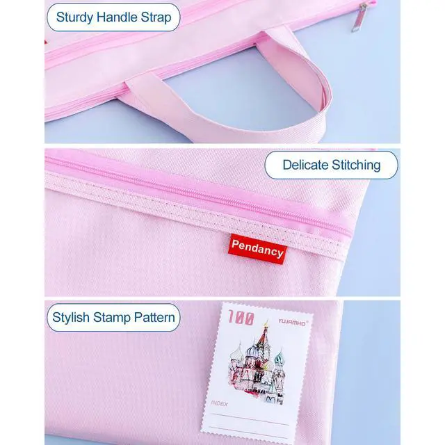 Alt view image 5 of 7 - Mesh Zipper Pouch 11x13.7 in, Large Double Pocket Waterproof File Bag with Handle, A4 Size Foldable Document Storage for Puzzle Project/Cross Stitch/Travel/OfficePink