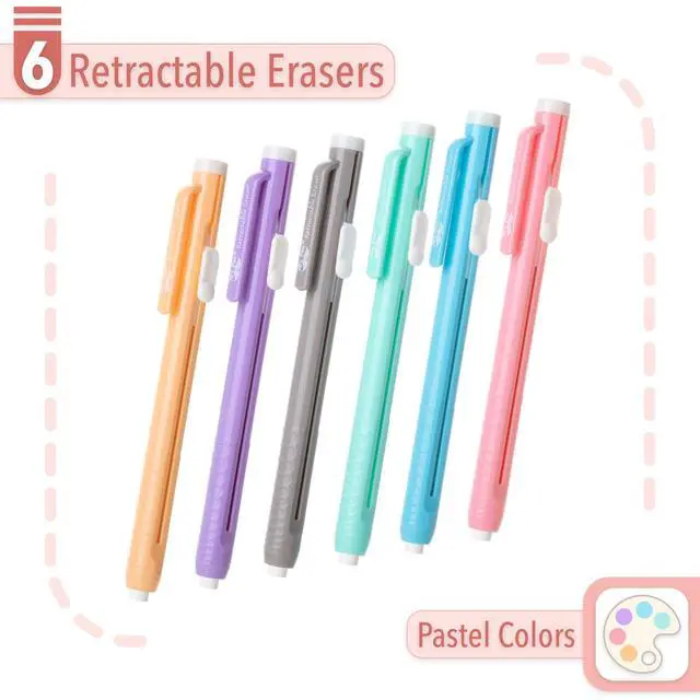 Alt view image 2 of 7 - Retractable Mechanical Eraser Pens, 6 Pack, Pastel Colors | Latex-Free Precision Pencil Erasers for Artists, Students, Drawing, Sketching & Drafting