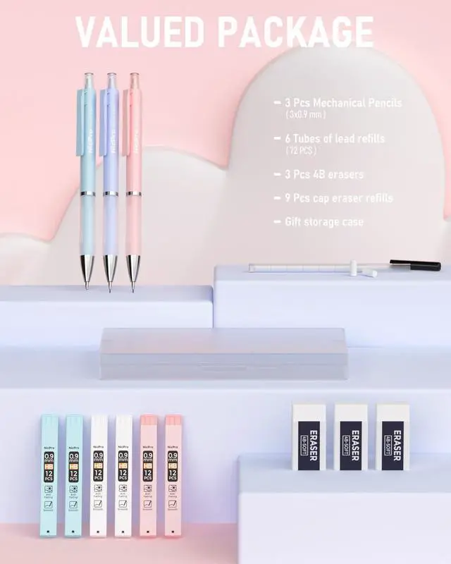 Alt view image 2 of 6 - 3PCS Pastel Mechanical Pencil Set, 0.9 Mechanical Pencil