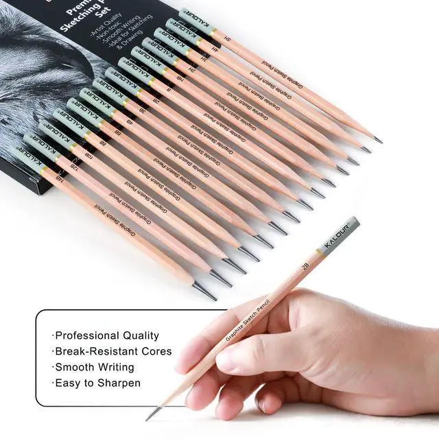 Alt view image 4 of 7 - 18-Piece Professional Sketch Pencil Set - Includes 5H to 14B Pencils, Vinyl Eraser, Kneaded Eraser,Sharpener and Paper Blending Stump - Ideal for Artists and Beginners