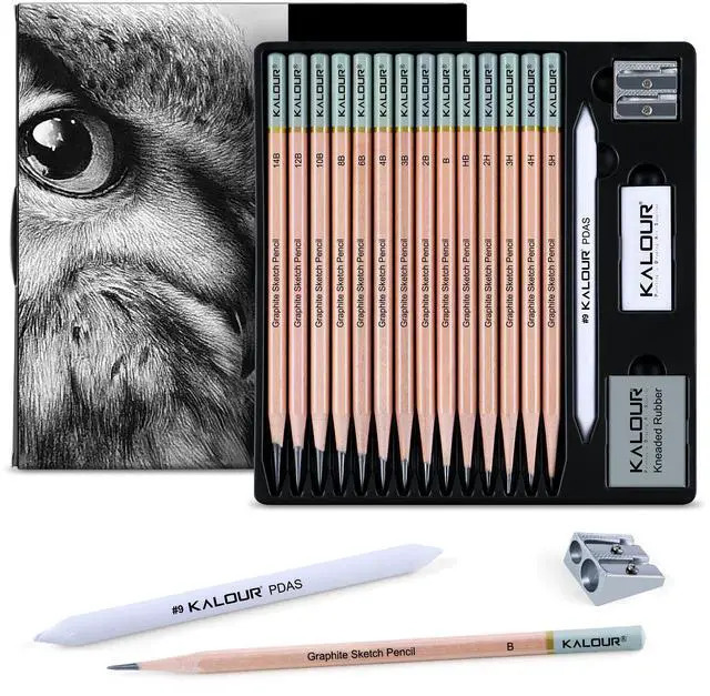 Main image of 18-Piece Professional Sketch Pencil Set - Includes 5H to 14B Pencils, Vinyl Eraser, Kneaded Eraser,Sharpener and Paper Blending Stump - Ideal for Artists and Beginners