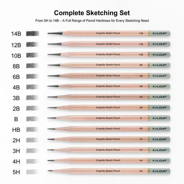Alt view image 3 of 7 - 18-Piece Professional Sketch Pencil Set - Includes 5H to 14B Pencils, Vinyl Eraser, Kneaded Eraser,Sharpener and Paper Blending Stump - Ideal for Artists and Beginners