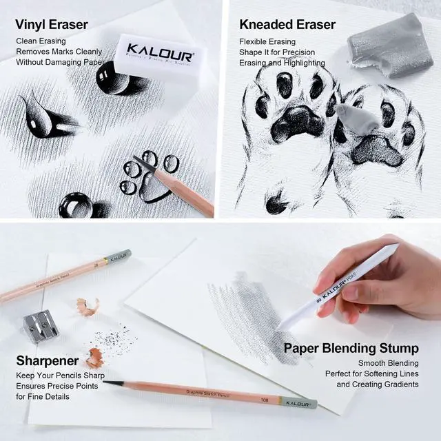 Alt view image 6 of 7 - 18-Piece Professional Sketch Pencil Set - Includes 5H to 14B Pencils, Vinyl Eraser, Kneaded Eraser,Sharpener and Paper Blending Stump - Ideal for Artists and Beginners